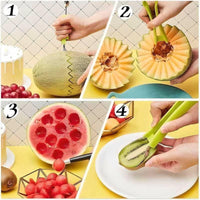 Professional 4 in 1 Watermelon Cutter Stainless Steel slicing and scooping melon and kiwi with green handles.