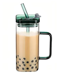 Square Glass with Lid and Straw