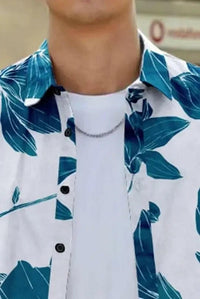 Men's Printed Casual Shirt – Stylish Half Sleeves Regular Fit with blue leaf print and shirt collar in cotton blend fabric