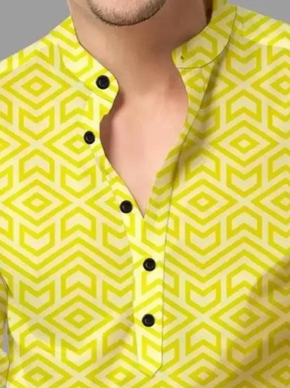Men's Printed Spread Collar Casual Shirt Yellow with geometric print and black buttons, perfect for casual occasions.