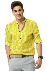 Men's Printed Spread Collar Casual Shirt Yellow with full sleeves and geometric printed pattern in cotton blend fabric.