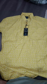 Men's Printed Spread Collar Casual Shirt Yellow with geometric pattern, full sleeves, cotton blend fabric, regular fit.