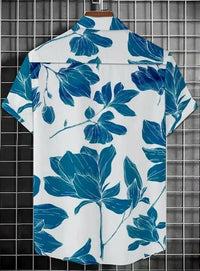 Men's Printed Casual Shirt – Stylish Half Sleeves Regular Fit with white base and blue floral print on back view.