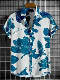 Men's Printed Casual Shirt – Stylish Half Sleeves Regular Fit white shirt with blue floral print on hanger