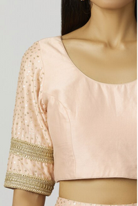 Chanderi Silk Lehenga Set in Peach saveolyf Lehenga Set.