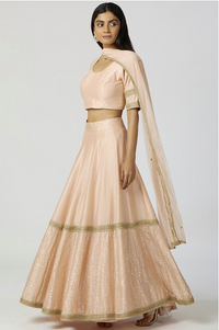 Chanderi Silk Lehenga Set in Peach saveolyf Lehenga Set.