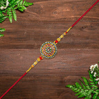 Royal Designer Rakhi With Kundan Centerpiece Red  Green Enamel Work And Golden Beads saveolyf Fashion.