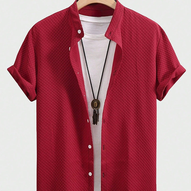 Summer Men's Breathable Casual Stand Collar Shirt Solid Color saveolyf T-Shirt.