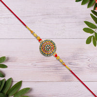 Royal Designer Rakhi With Kundan Centerpiece Red  Green Enamel Work And Golden Beads saveolyf Fashion.